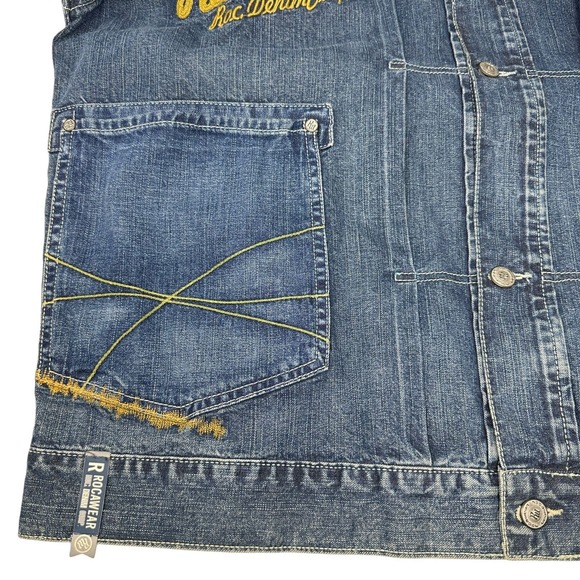 ROCAWEAR Denim Jacket Mens Medium Wash Hip Hop Urban Streetwear 90s Y2K Large - Picture 9 of 16